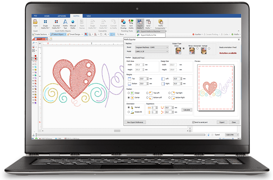 Export designs to rhinestone and sequin machines